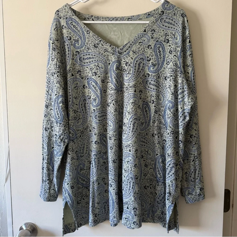 J Jill Simply Supima Cotton Paisley V Neck Tunic Women XL Long Sleeve Side Slit - Picture 9 of 10